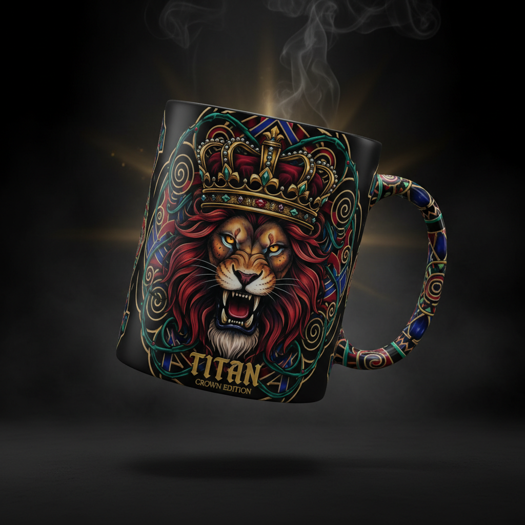 TITAN Coffee Mug 15oz with crown and lion tattoo-style Crown Edition artwork in crimson, blue and gold