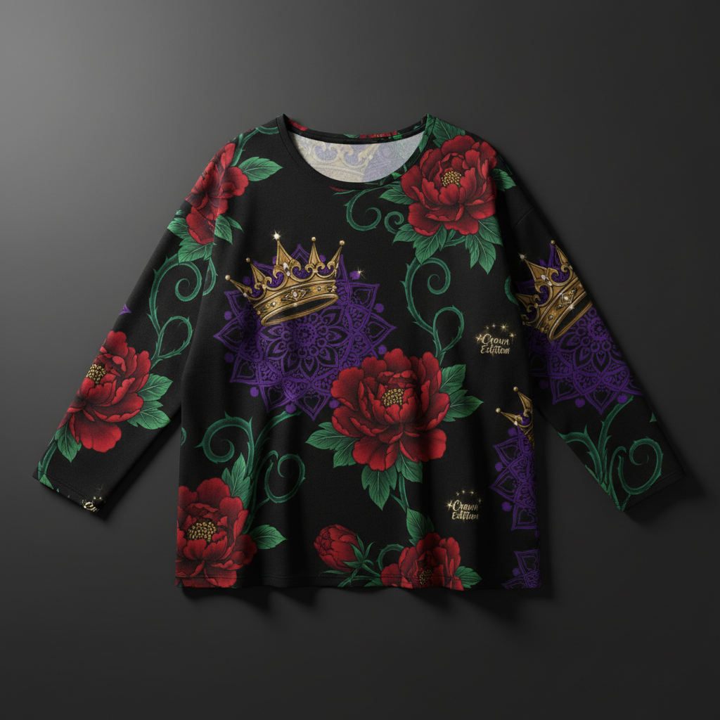 TITAN Crown Edition Tattoo Art Women's Lounge Long Sleeve - bold mandala peony tattoo artwork on matte black pima cotton