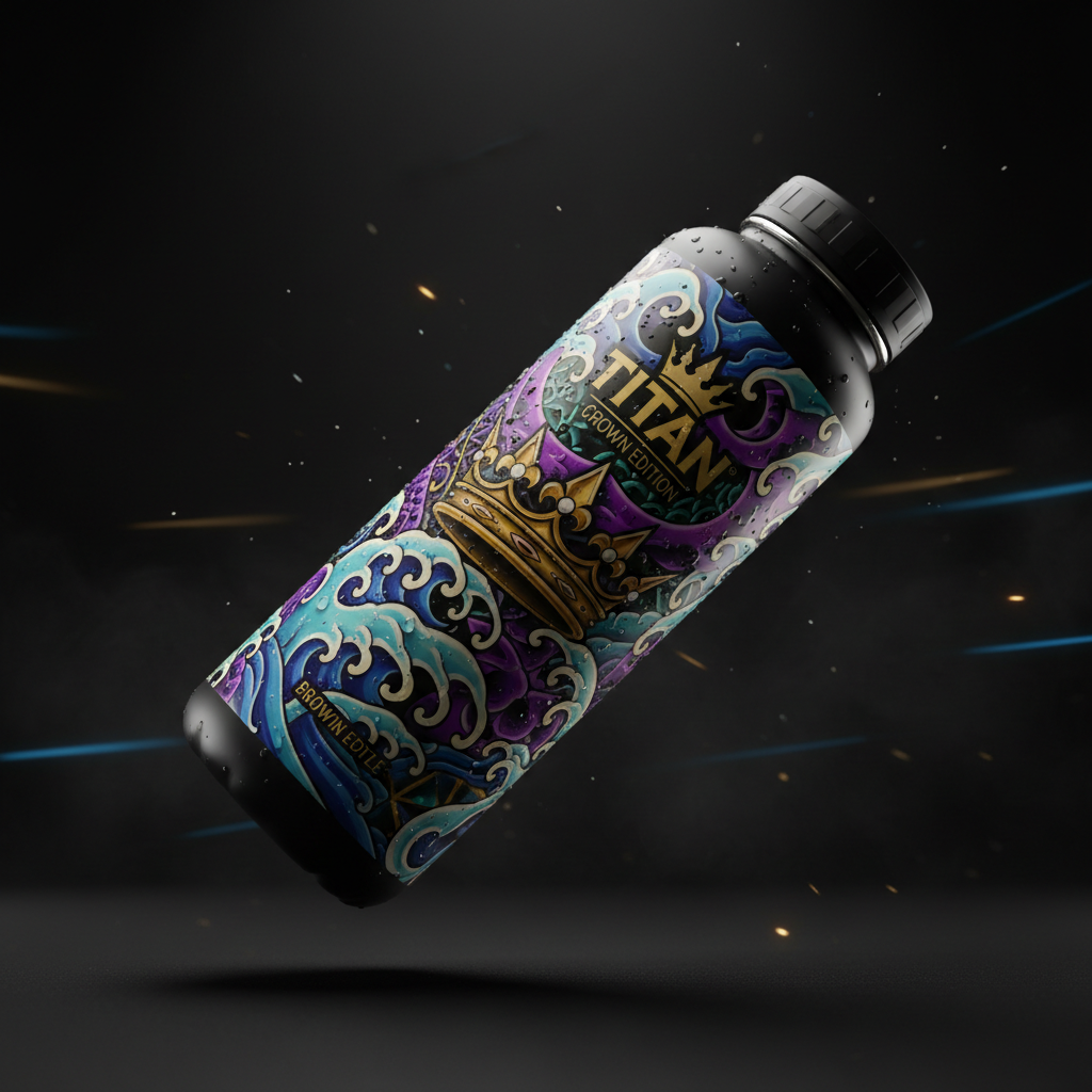 TITAN Hydration Sports Bottle 64oz with wave and crown tattoo-style Crown Edition artwork in royal blue, purple and gold