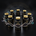 TITAN Longevity Bundle Ultimate — 8 Crown Edition supplement bottles in circular formation with glowing DNA helix and mitochondria patterns in violet, teal and gold