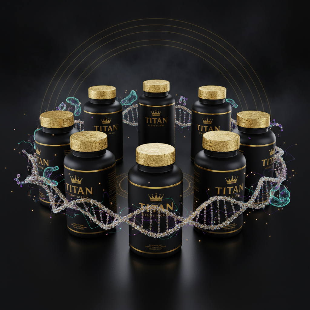 TITAN Longevity Bundle Ultimate — 8 Crown Edition supplement bottles in circular formation with glowing DNA helix and mitochondria patterns in violet, teal and gold