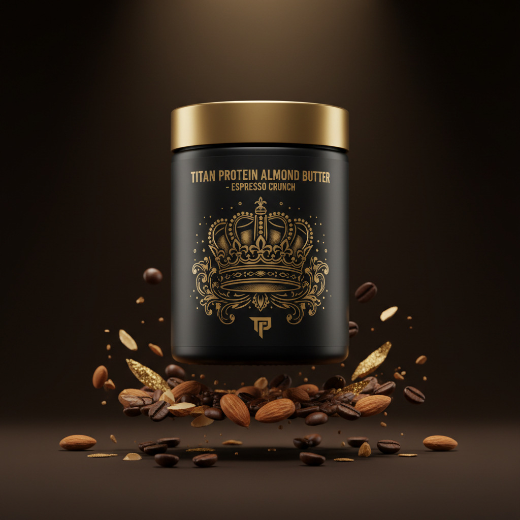 TITAN Protein Almond Butter – Espresso Crunch, matte black jar with gold crown tattoo artwork, espresso beans and roasted almonds