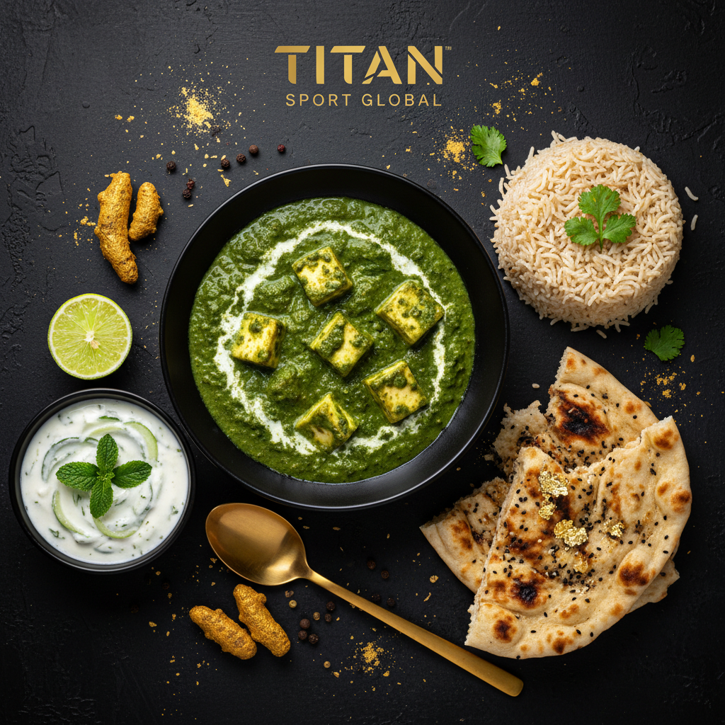 TITAN Indian Palak Paneer Power Lunch Bowl flat lay dark luxury