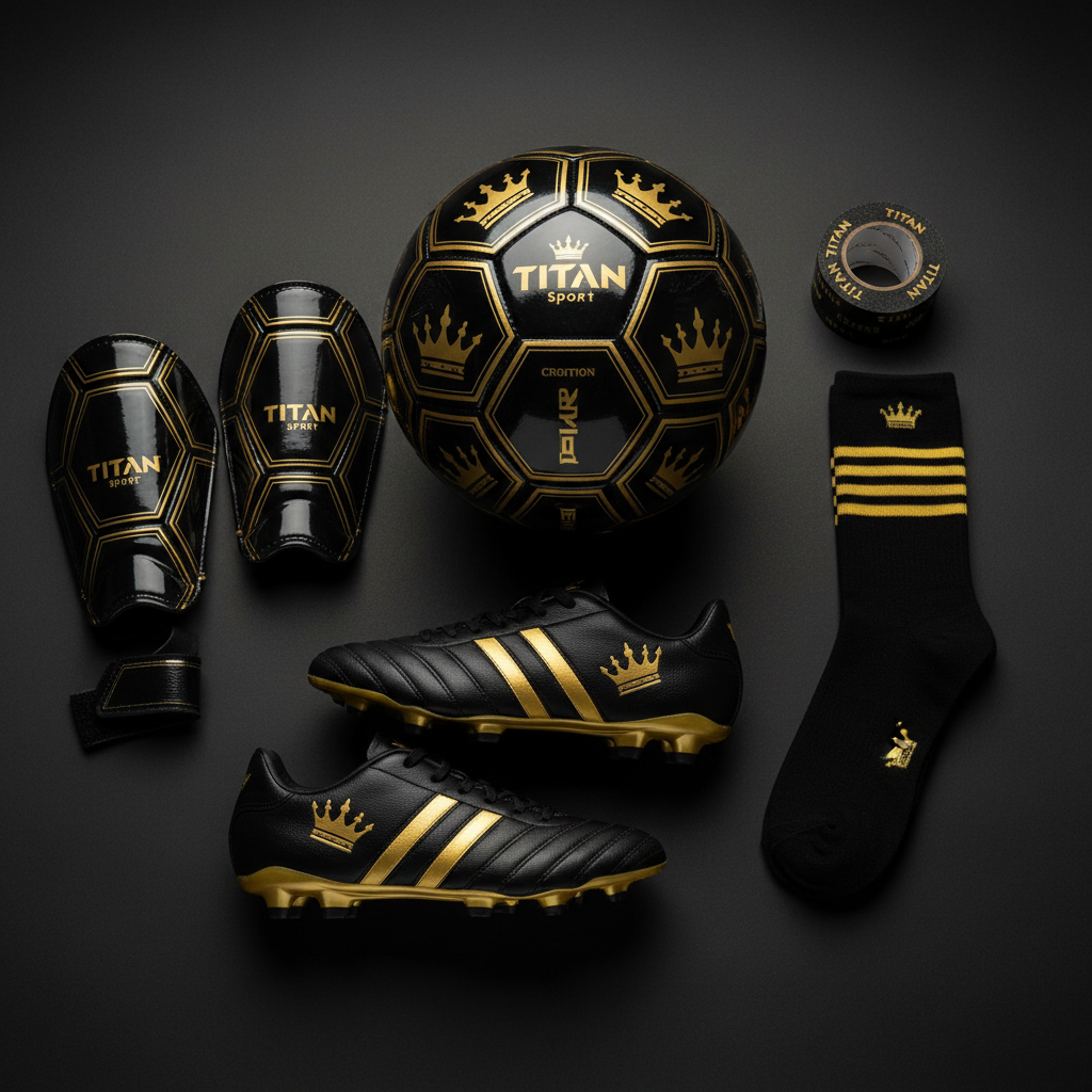 TITAN Soccer Starter Bundle — Soccer Ball, Shin Guards, Cleats, Socks & Athletic Tape flat lay