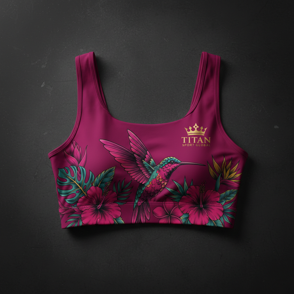 TITAN Women's Slimming Crop Top Sports Bra Magenta Hummingbird Crown Edition flat lay