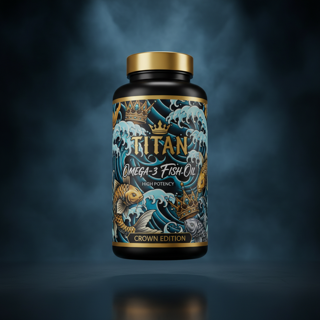 TITAN Omega-3 Fish Oil High Potency - Crown Edition tattoo-style artwork