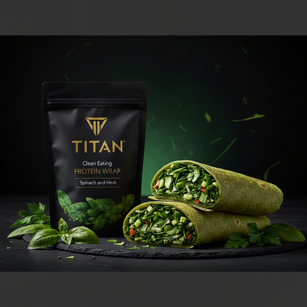 TITAN Clean Eating Protein Wrap Spinach & Herb — fresh wrap build shot with spinach herb filling and fresh herbs