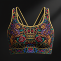 TITAN Crown Edition Women's High-Impact Sports Bra — bold tattoo artwork on matte black fabric