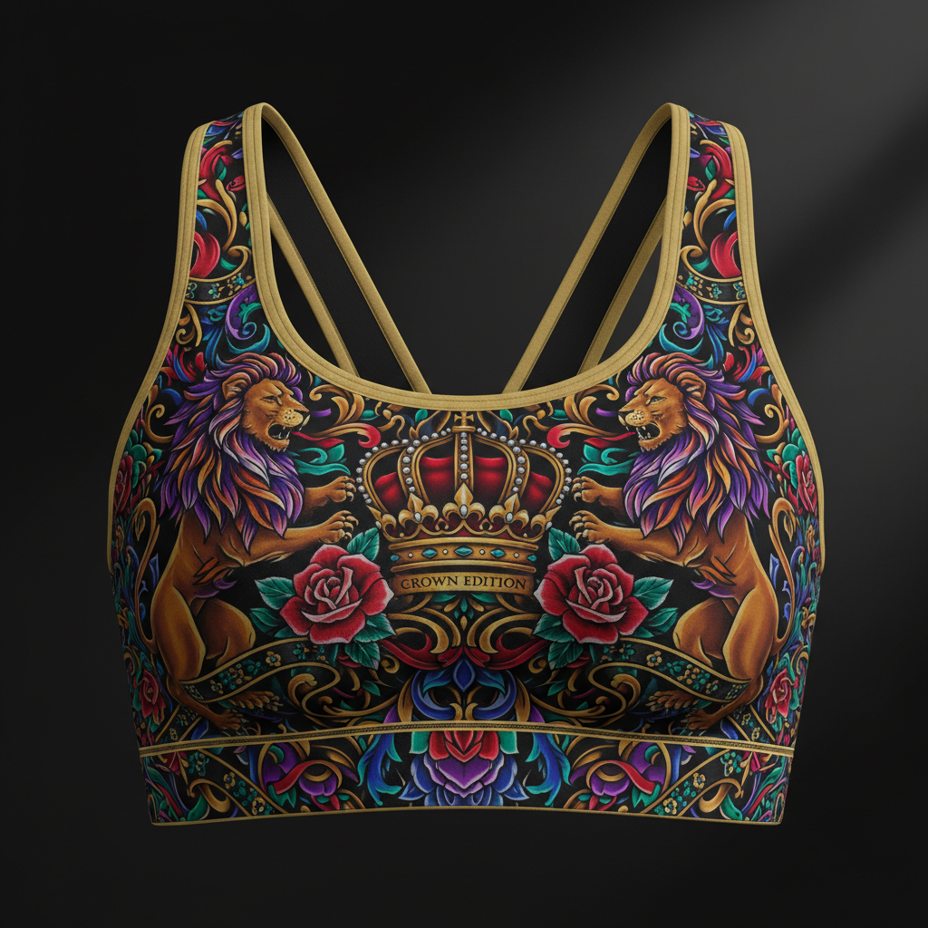 TITAN Crown Edition Women's High-Impact Sports Bra — bold tattoo artwork on matte black fabric