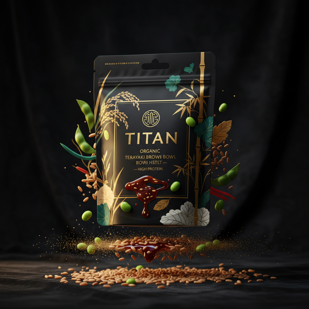 TITAN Organic High-Protein Brown Rice Bowl Teriyaki — ultra-premium luxury editorial product shot
