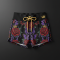 TITAN Women's Sports Shorts — Rose and butterfly tattoo-style artwork in crimson and electric purple with gold crown accents