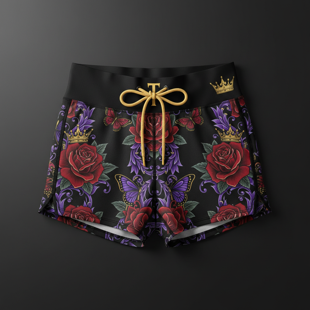 TITAN Women's Sports Shorts — Rose and butterfly tattoo-style artwork in crimson and electric purple with gold crown accents