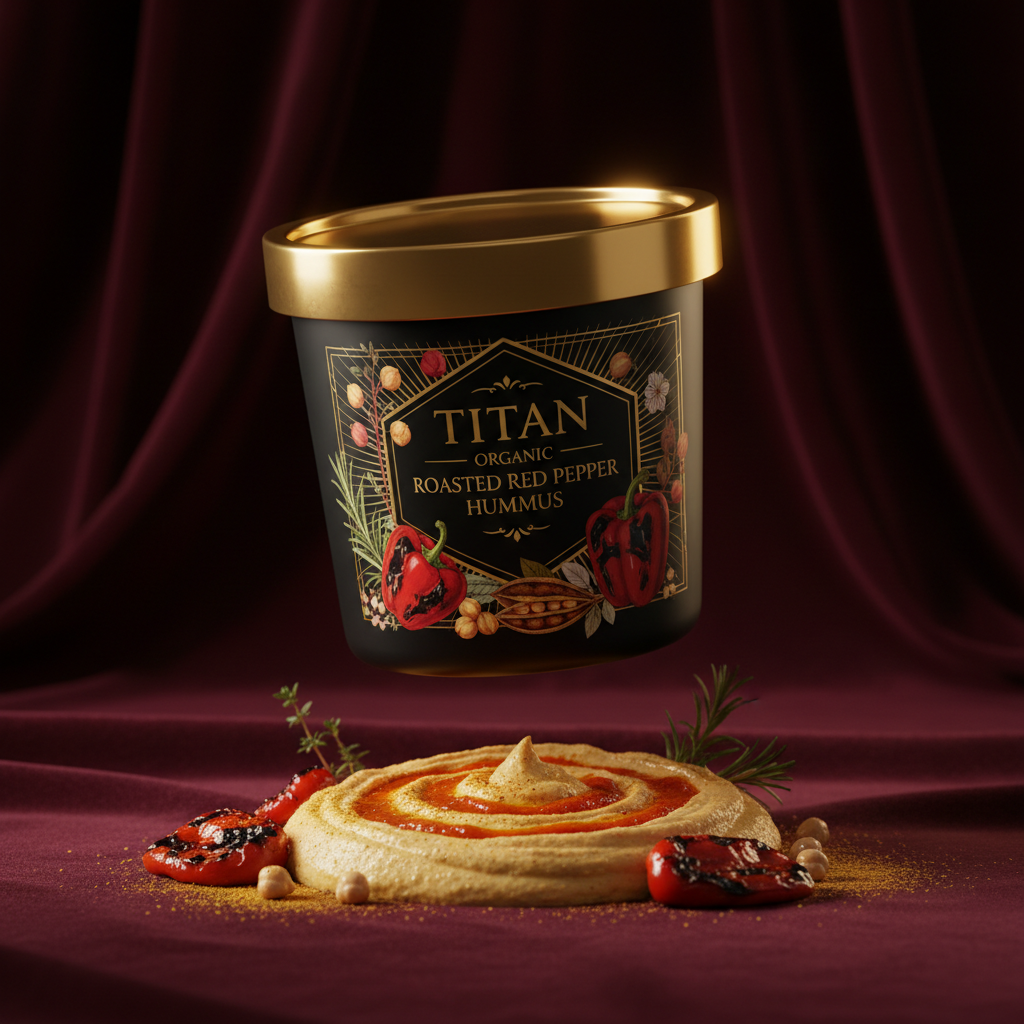 TITAN Organic High-Protein Hummus Roasted Red Pepper — ultra-premium luxury editorial product shot
