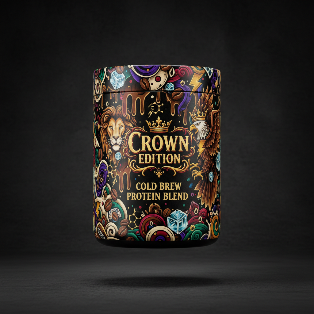 TITAN Protein Coffee Cold Brew Blend — Crown Edition bold tattoo-style artwork