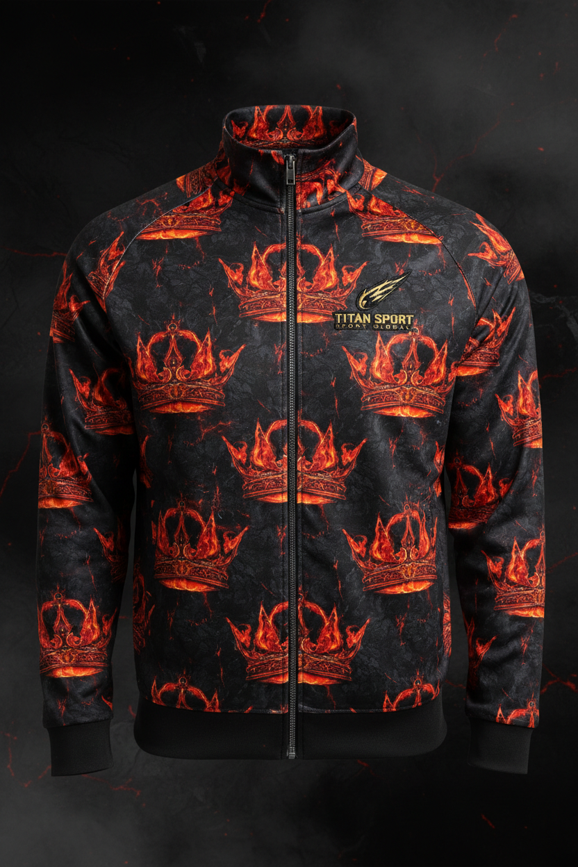 TITAN Men's Lava King Crown Zip-Up Track Jacket flat lay Volcanic SWAG Edition