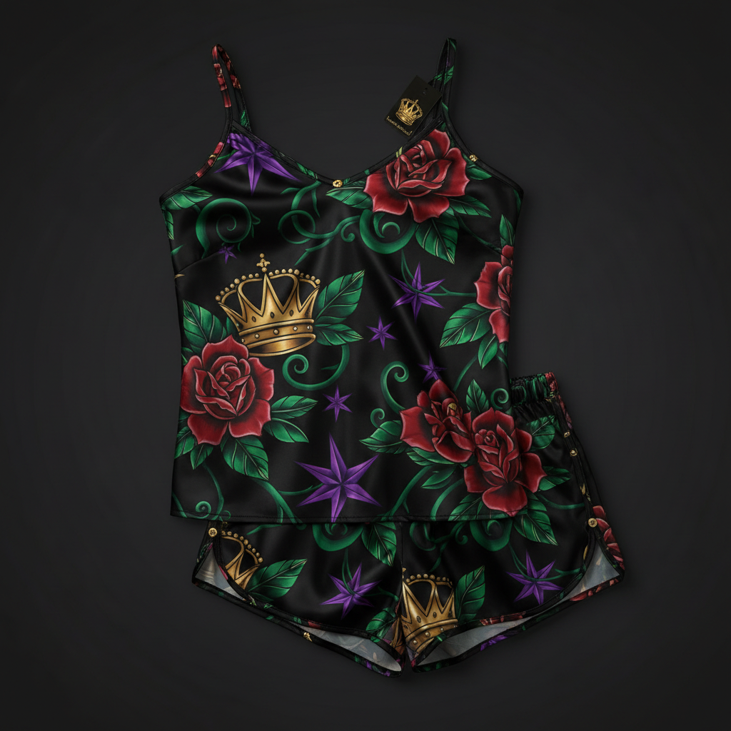 TITAN Crown Edition Tattoo Art Women's Lounge Cami Set - bold colorful tattoo artwork on matte black satin fabric