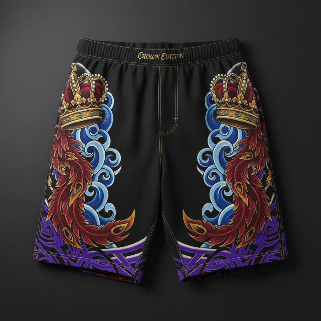 TITAN Crown Edition Tattoo Art Men's Lounge Jogger Shorts - bold colorful tattoo artwork on matte black fabric