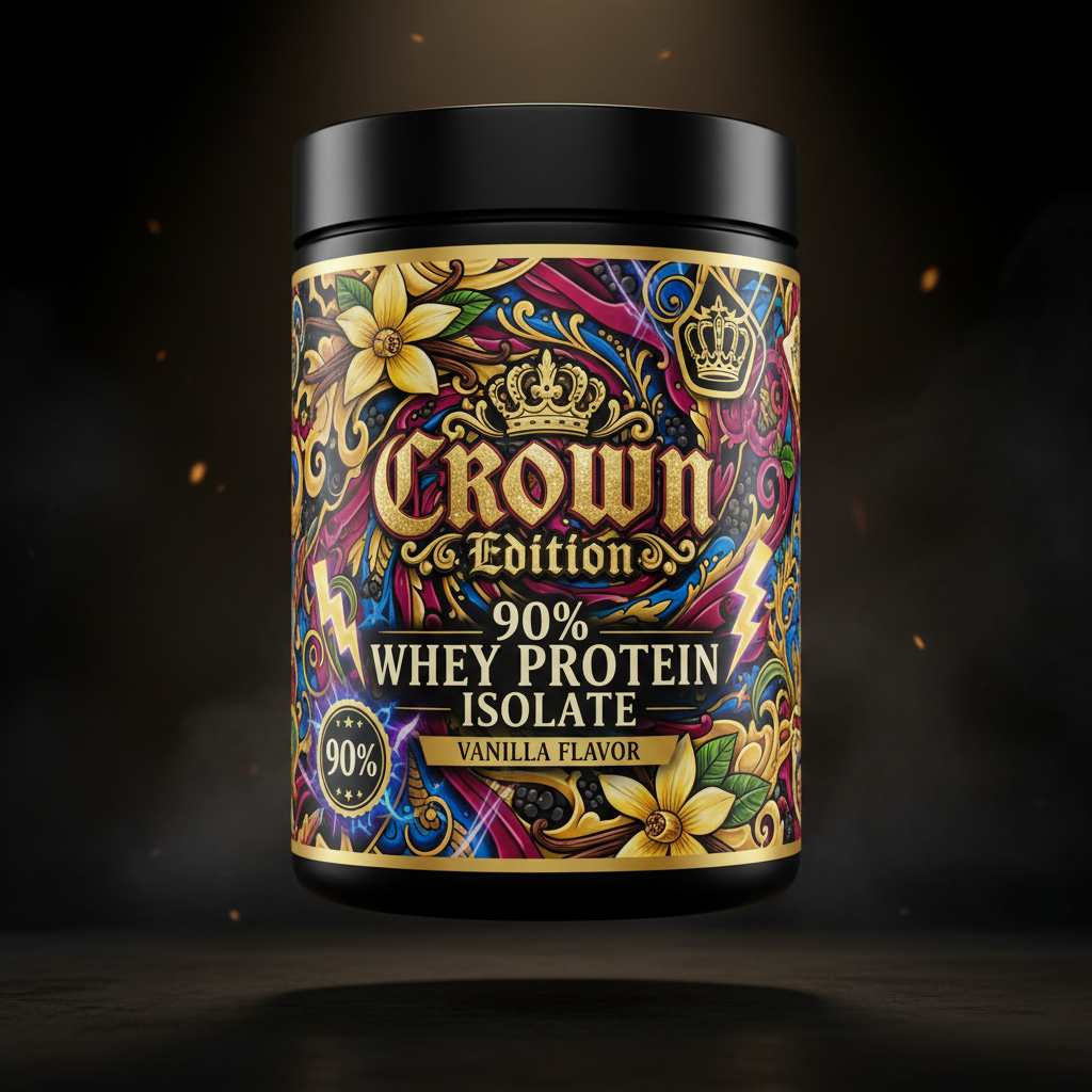 TITAN Whey Protein Isolate 90% Vanilla — Crown Edition bold tattoo-style artwork