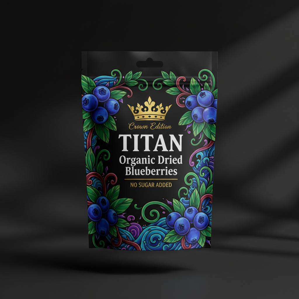 TITAN Organic Dried Blueberries — No Sugar Added, Crown Edition tattoo-style artwork
