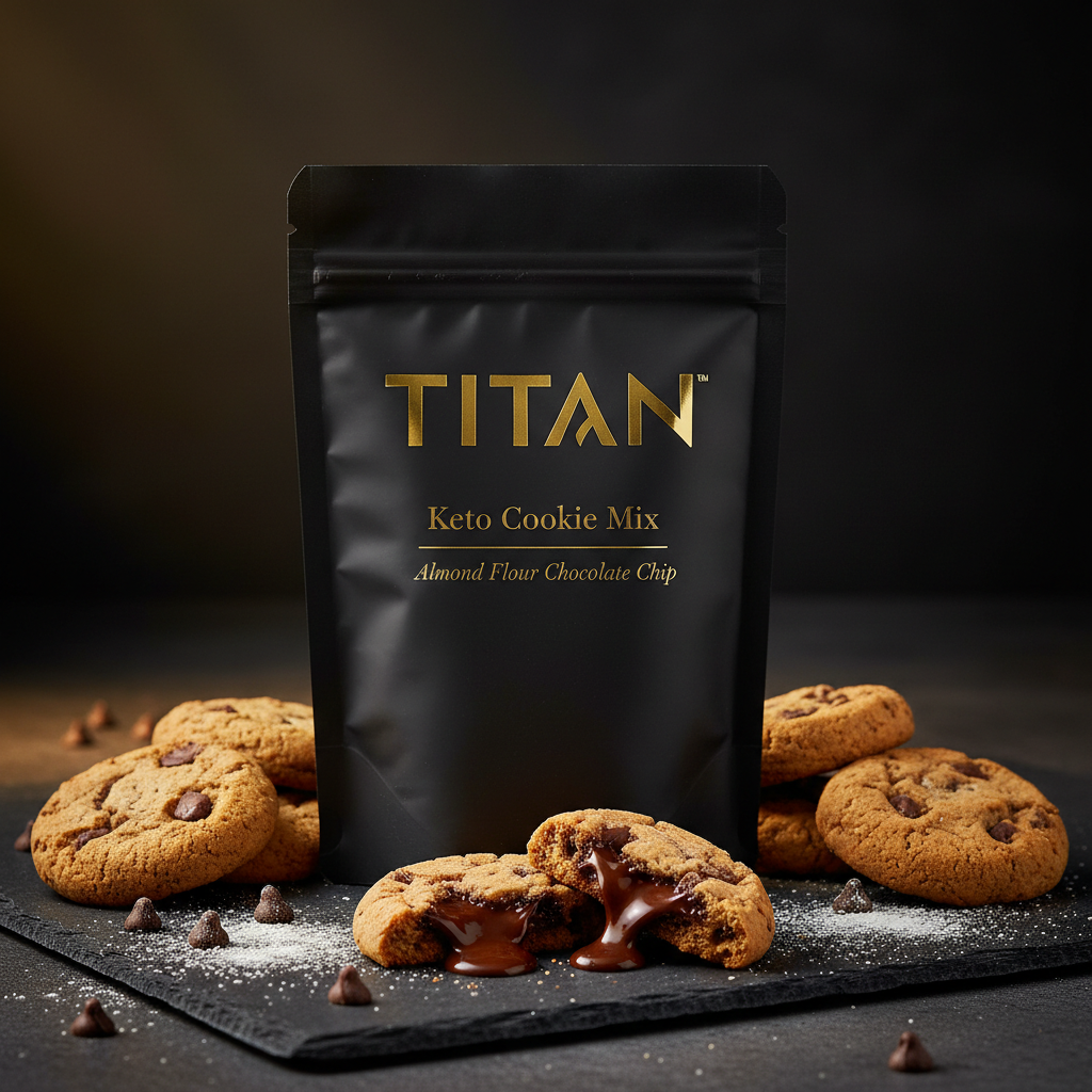 TITAN Keto Cookie Mix Almond Flour Chocolate Chip — warm scattered cookie shot with broken cookie revealing melty chocolate chips