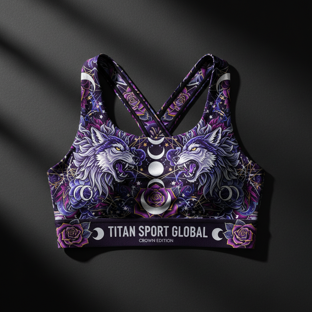 TITAN Crown Edition Moonwolf Sports Bra — Midnight Purple & Silver tattoo artwork