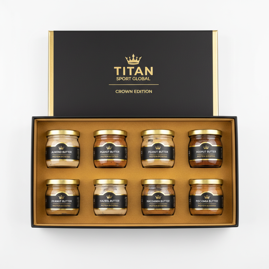 TITAN Protein Nut Butter Sampler 6-Jar Crown Edition Set — matte black luxury gift box
