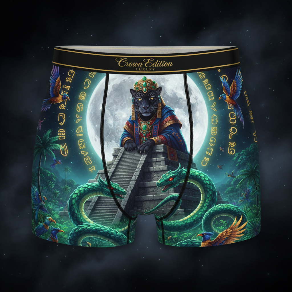 TITAN Mayan Jaguar Priestess Women's Cozy Boxer Shorts Crown Edition — jaguar in Mayan priestess robes anime art on matte black