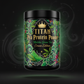 TITAN Pea Protein Powder — Matcha Green Tea, Crown Edition tattoo-style artwork
