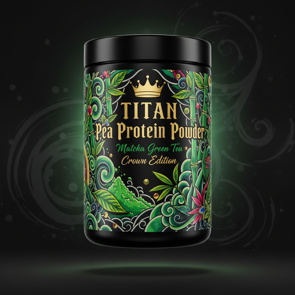 TITAN Pea Protein Powder — Matcha Green Tea, Crown Edition tattoo-style artwork