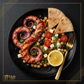 TITAN Greek Grilled Octopus Chickpea Salad Lunch flat lay dark luxury