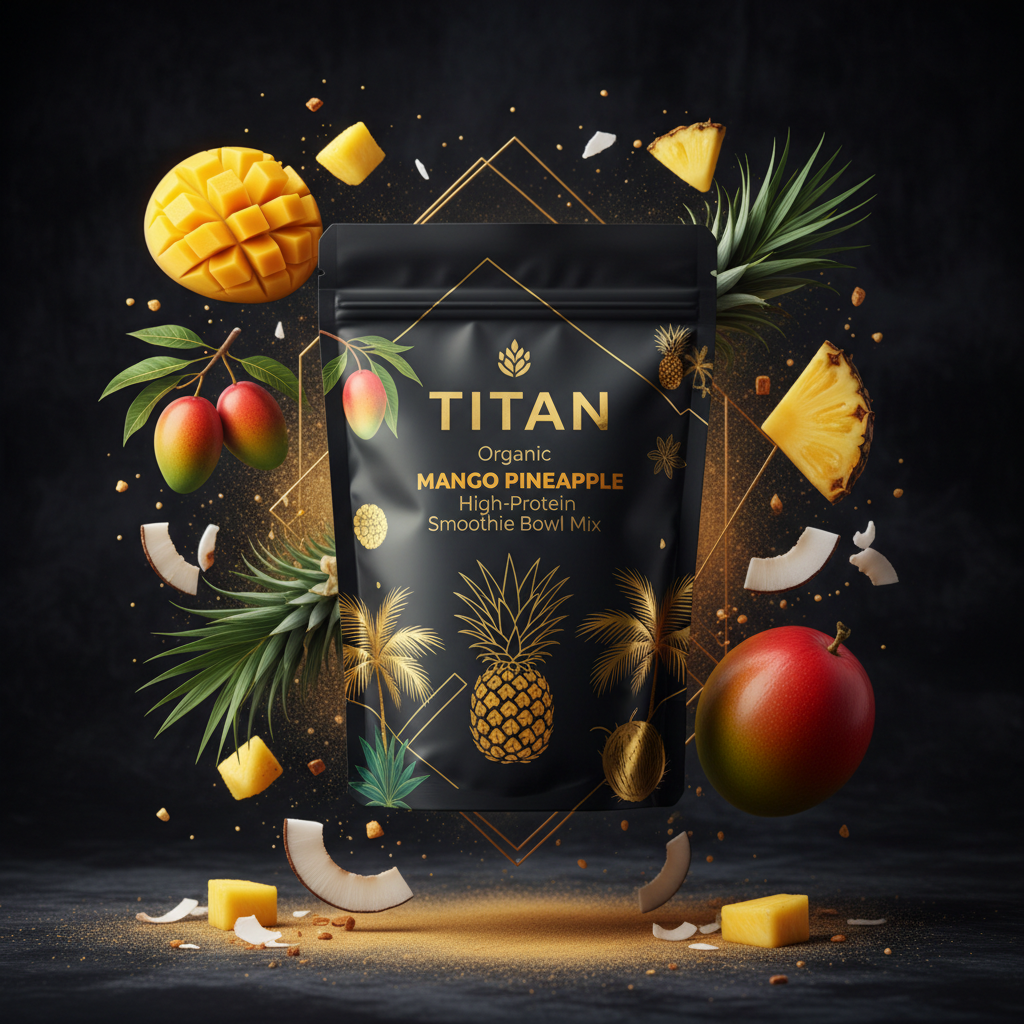TITAN Organic High-Protein Smoothie Bowl Mix Mango Pineapple — ultra-premium luxury editorial product shot