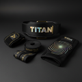 TITAN Lifting Essentials Bundle — Belt, Wrist Wraps, Lifting Straps & Knee Sleeves flat lay