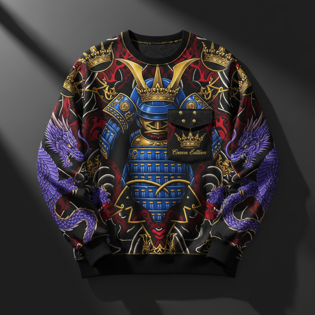 TITAN Crown Edition Tattoo Art Men's Lounge Chest Pocket Sweatshirt - bold colorful tattoo artwork on matte black heavyweight fabric