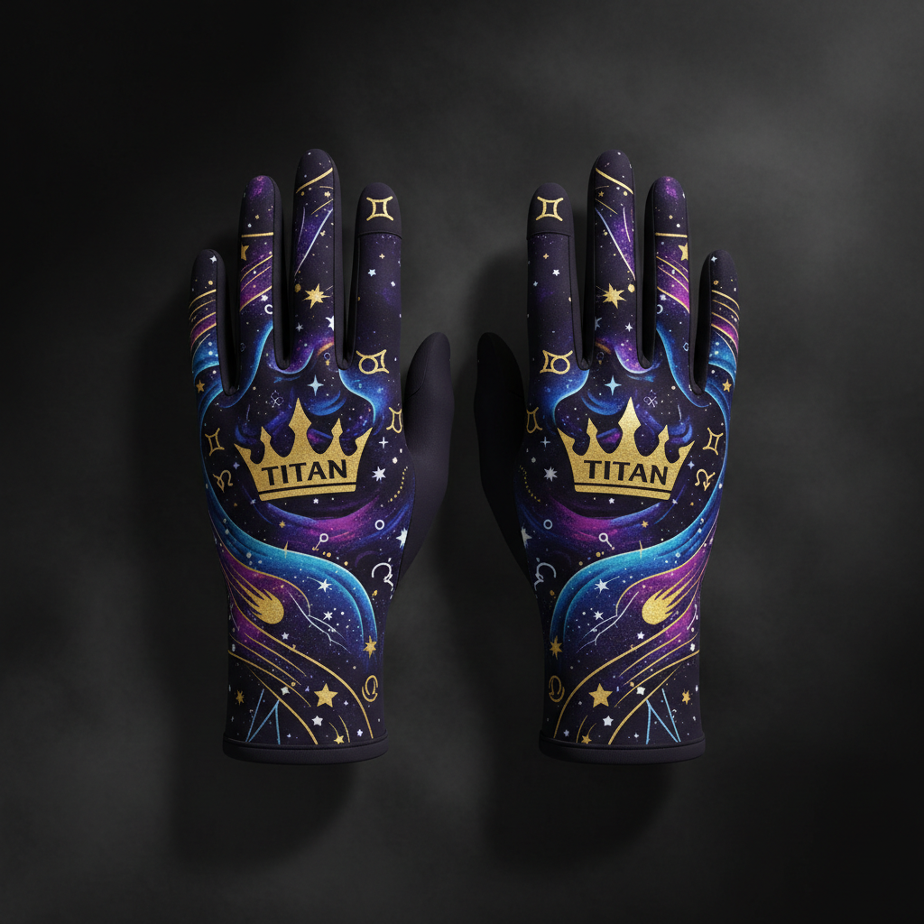 TITAN Unisex Compression Slimming Gloves Midnight Purple Galaxy Crown Edition flat lay