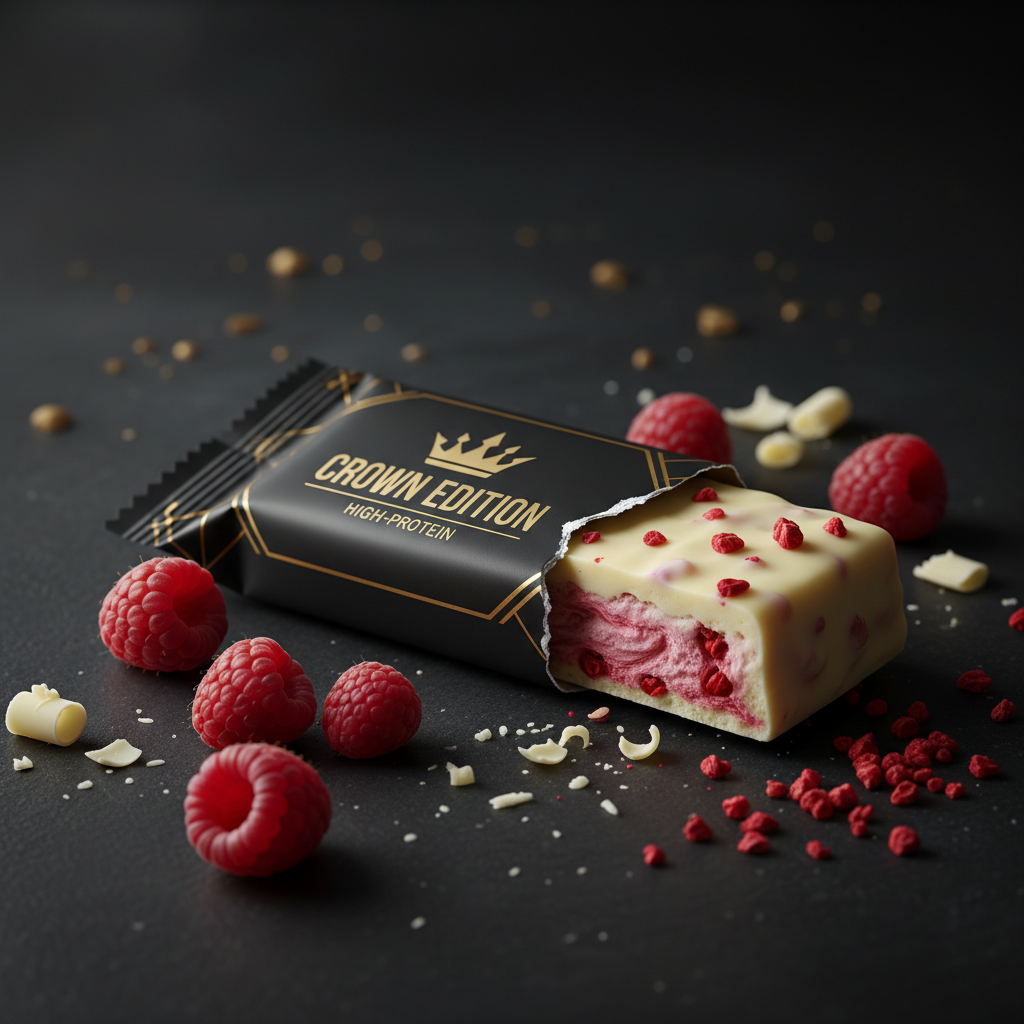 Crown White Chocolate Raspberry Protein Bar — Crown Edition matte black packaging