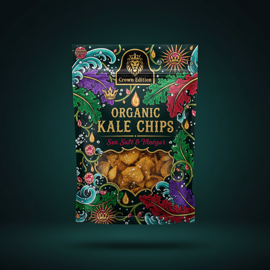 TITAN Organic Kale Chips Sea Salt & Vinegar — Crown Edition bold tattoo-style artwork