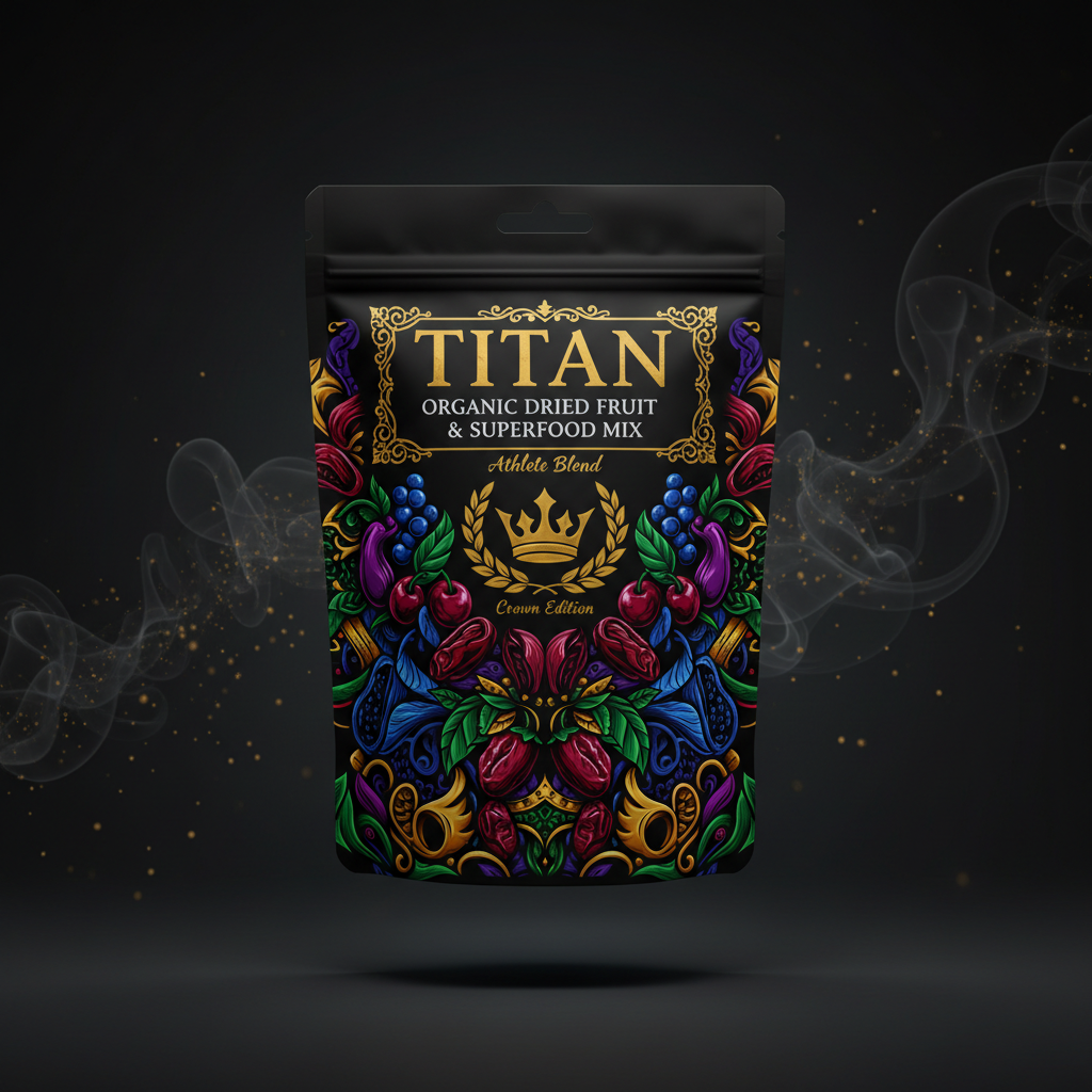TITAN Organic Dried Fruit & Superfood Mix — Athlete Blend, Crown Edition tattoo-style artwork