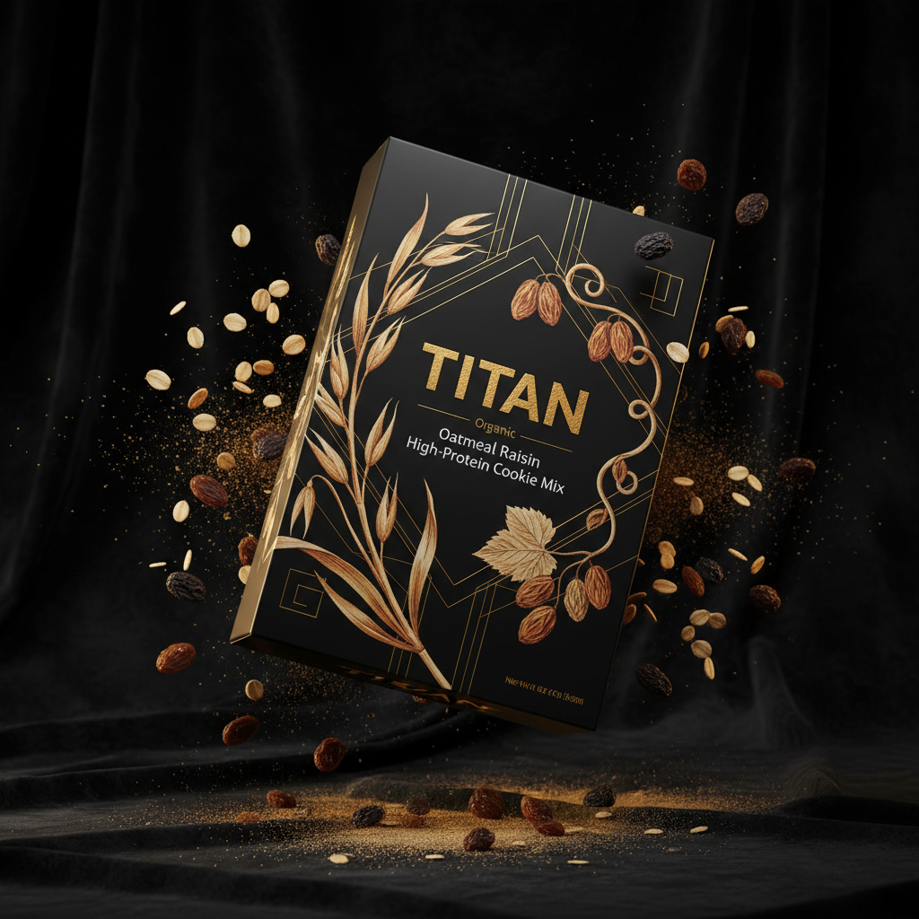 TITAN Organic High-Protein Cookie Mix Oatmeal Raisin — ultra-premium luxury editorial product shot