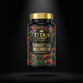 TITAN Turkey Tail Mushroom supplement bottle with Crown Edition matte black and gold packaging featuring bold tattoo-style mushroom artwork