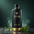 Black 500ml Titan Sport Global body wash bottle with gold accents, eucalyptus and mint, and water droplets.
