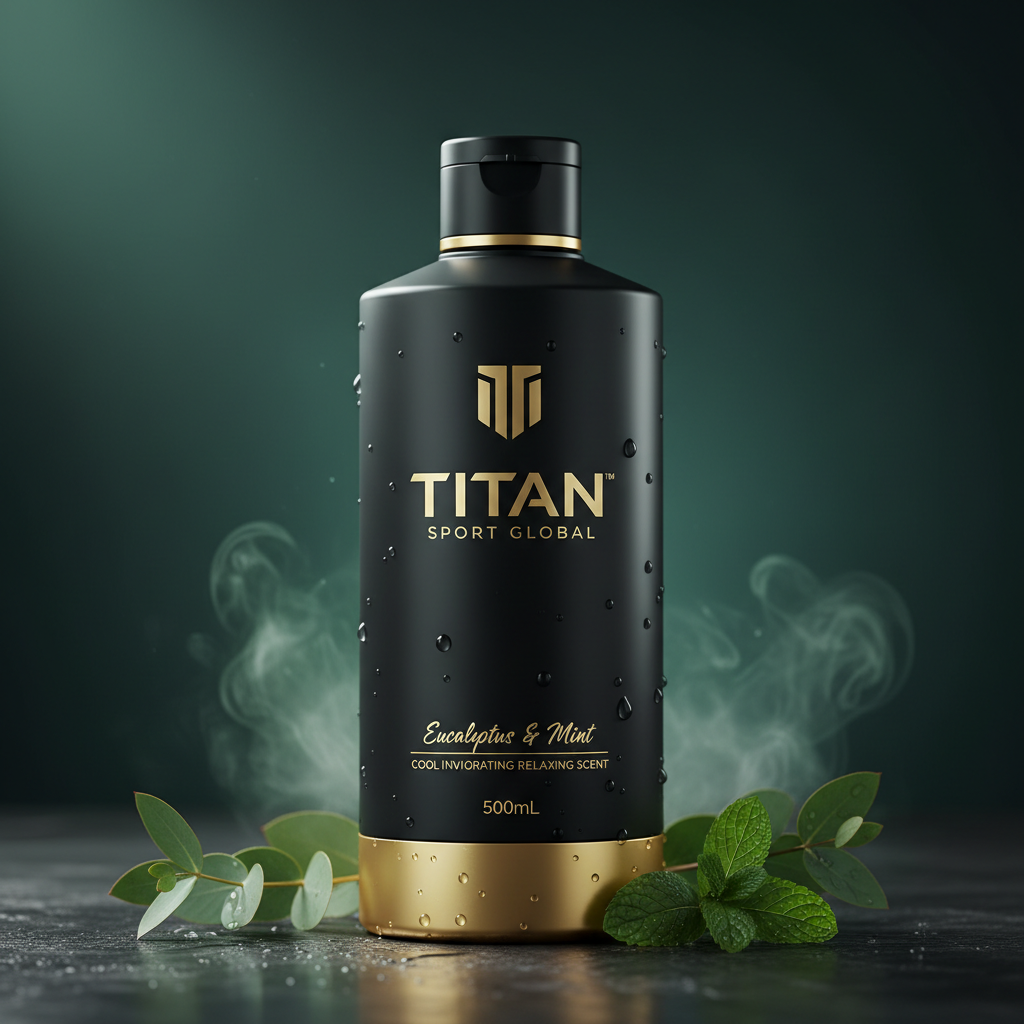 Black 500ml Titan Sport Global body wash bottle with gold accents, eucalyptus and mint, and water droplets.