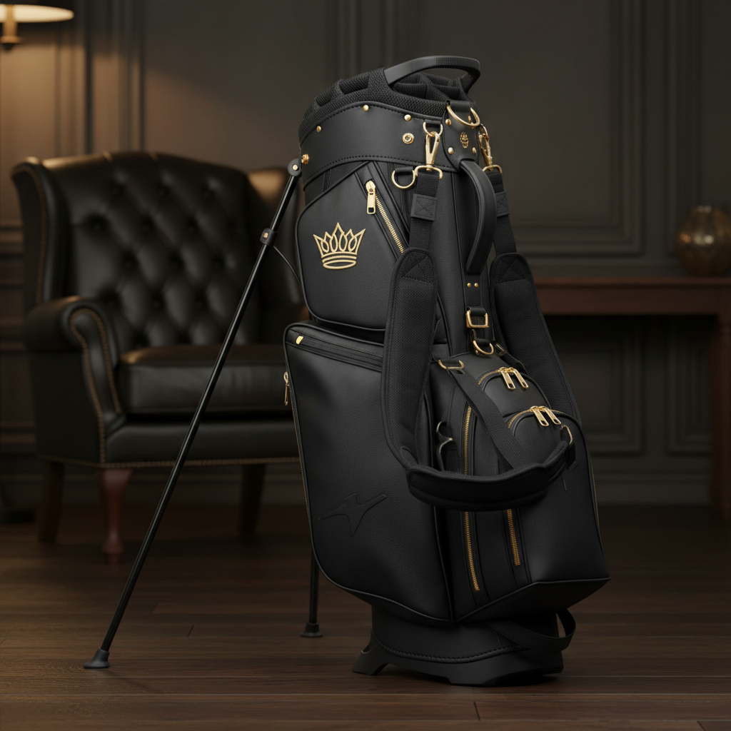 TITAN Golf Bag Stand Crown Edition matte black gold crown hardware 14-way divider dual leg stand system