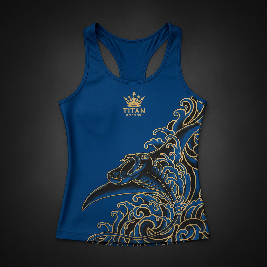 TITAN Women's Slimming Racerback Tank Electric Blue Manta Ray Crown Edition flat lay