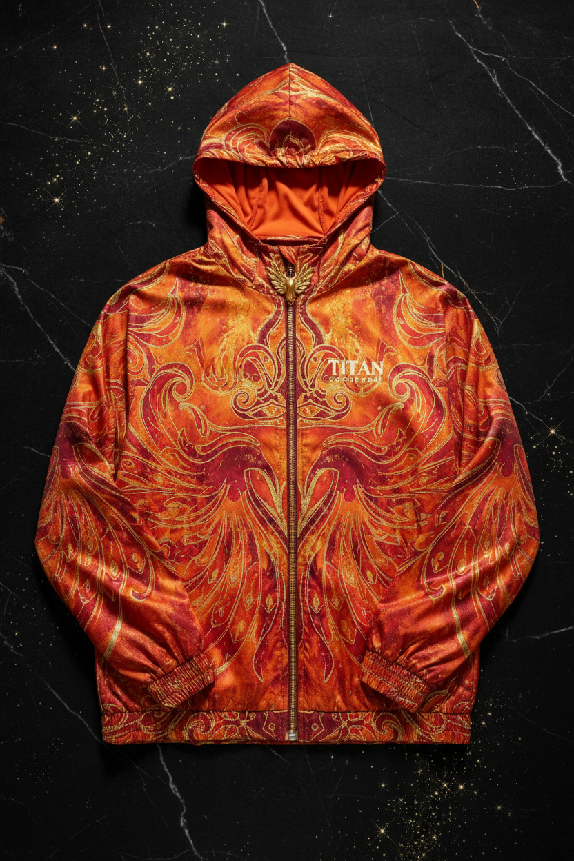 TITAN Women's Phoenix Crown Windbreaker Jacket flat lay Fire SWAG Edition