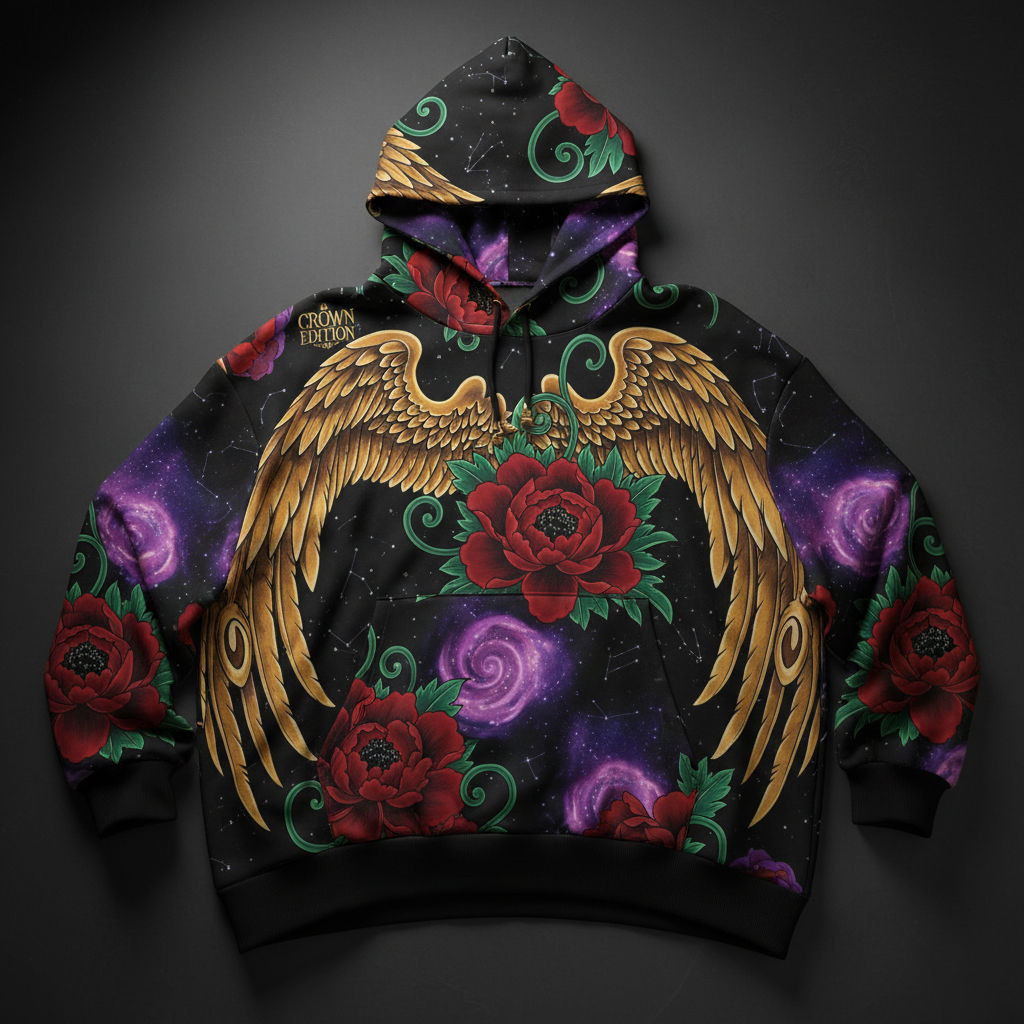 TITAN Crown Edition Tattoo Art Women's Lounge Hoodie - bold colorful tattoo artwork on matte black plush fleece