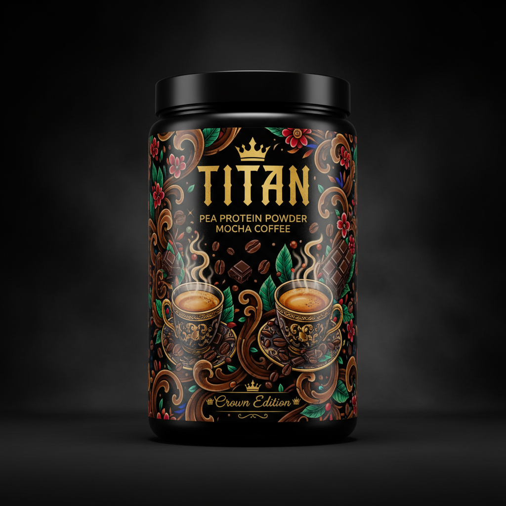 TITAN Pea Protein Powder — Mocha Coffee, Crown Edition tattoo-style artwork