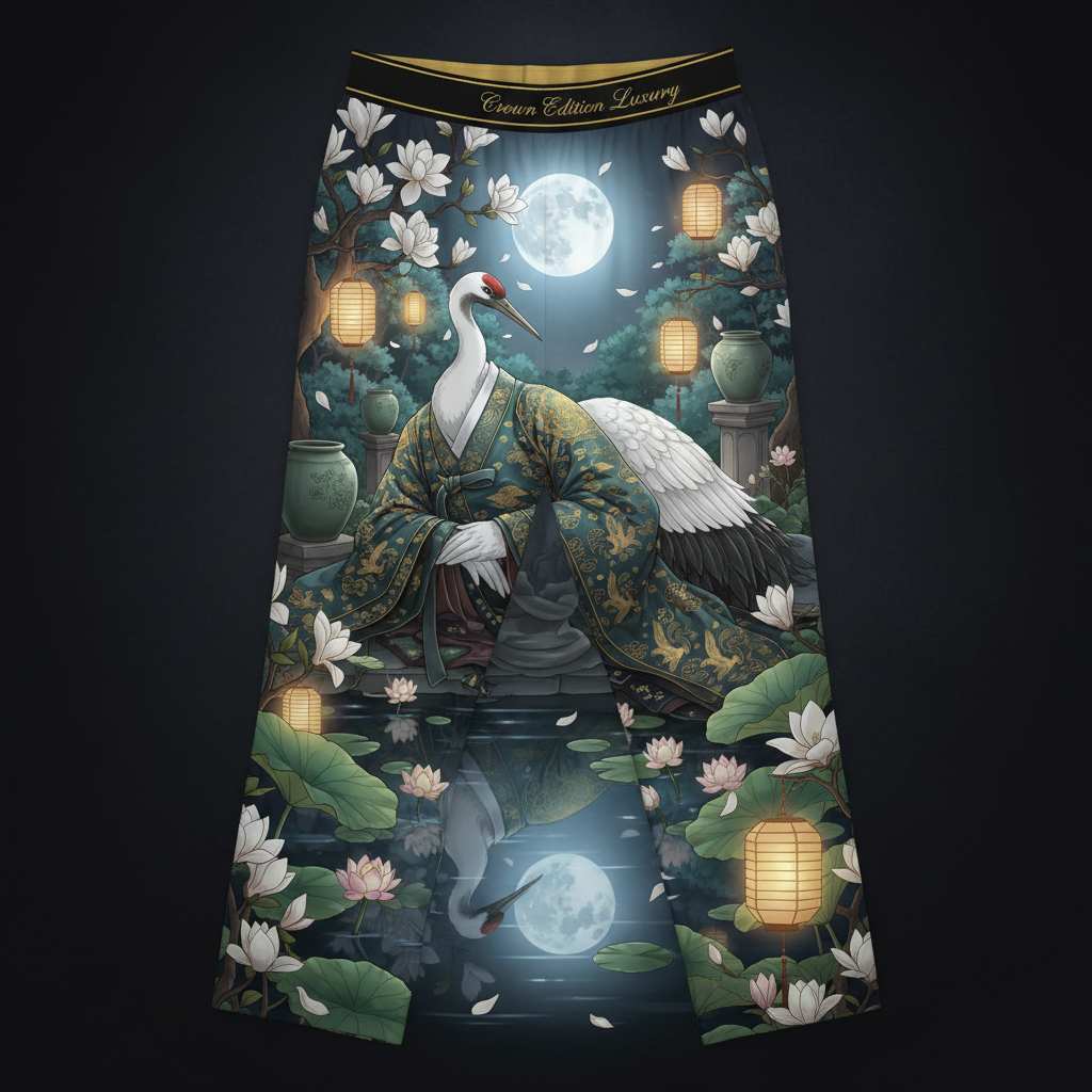TITAN Goryeo Crane Women's Lounge Pants Crown Edition — crane in Goryeo court robes anime art on matte black