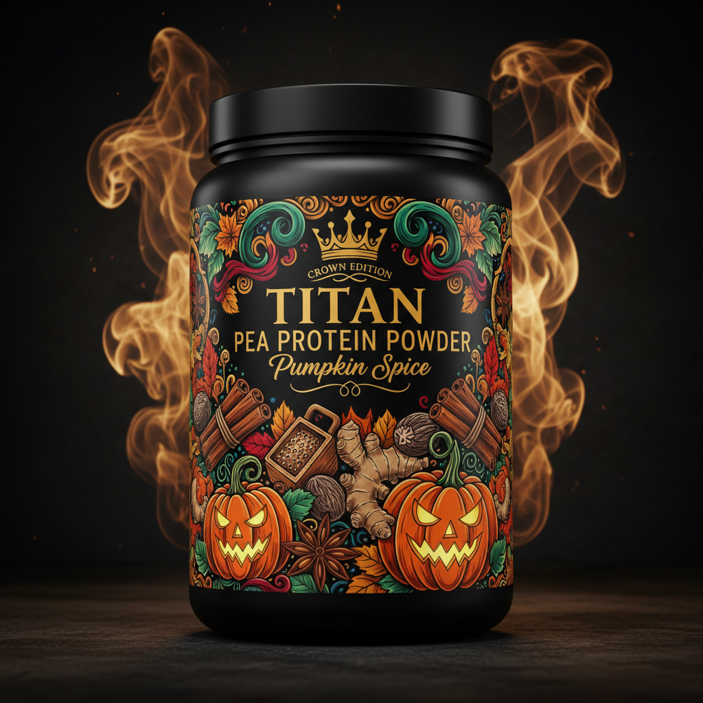 TITAN Pea Protein Powder — Pumpkin Spice, Crown Edition tattoo-style artwork