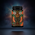 TITAN Vitamin C 1000mg Capsules container with orange slices, citrus blossoms and crown tattoo-style Crown Edition artwork in electric orange, crimson and gold