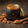 TITAN Pecan Butter Roasted Crown Edition — premium wide-mouth black glass jar product shot
